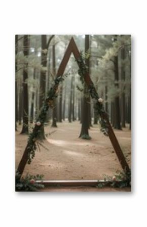 Triangle wooden wedding arch with flowers in forest setting