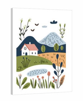 Abstract Scandinavian art print with plants and mountains inspired by nature isolated on white