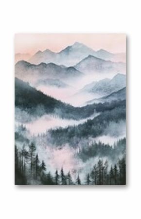 Rustic boho mountain scenery in watercolor with gentle pastels, soft mist, and minimal detailing. Organic textures and a dreamy, peaceful essence.