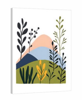 Design an abstract Scandinavian art print with plants and mountains inspired by nature