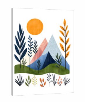 Design an abstract Scandinavian art print with plants and mountains inspired by nature