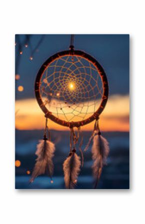Glowing dreamcatcher with feathers in mystical night   
