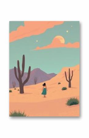 Serene Desert Landscape with a Woman Walking Under the Sun