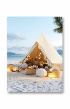 Beachfront glamping tent with cozy interior, string lights, and comfy seating