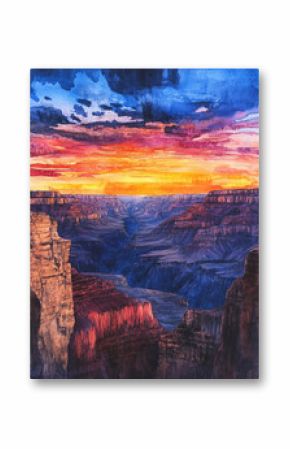 Painted realistic boho illustration shows canyon vastness and sunset glow