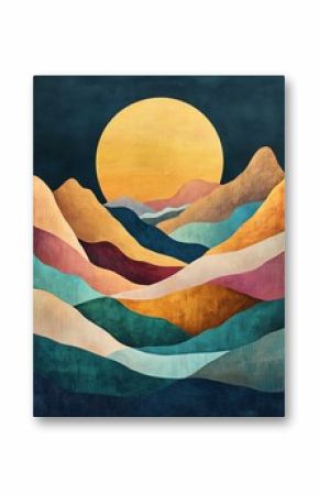 Aesthetic boho landscape with desert mountains Colorful abstract landscape with rolling hills and a bright sun in the background.