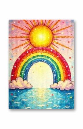 Whimsical rainbow arc, sunburst rays, boho style, hand-drawn texture , sunlight, beams
