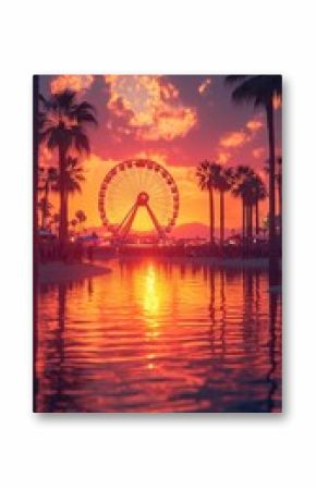 A vibrant scene at the Coachella music festival captures a towering Ferris wheel and swaying palm trees silhouetted against a breathtaking sunset.