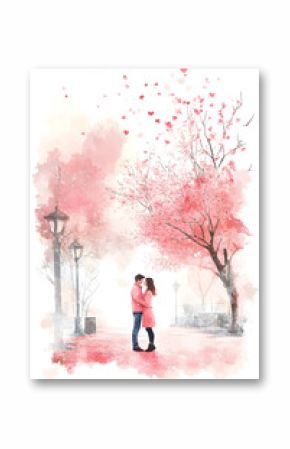 Lovely couple happy valentine park watercolor boho style pastel colors