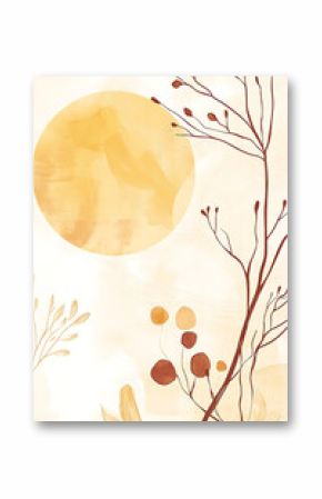 Bohemian minimalist illustration abstract sun in warm yellow hex FFD700 abstract branches in deep brown hex 8B4513 soft beige background hex FAF3E0 loose flowing li