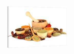 wooden mortar, bowls and spoons with spices isolated on white