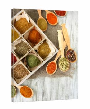 Assortment of spices in wooden spoons and box,