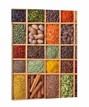 wooden box with spices and herbs