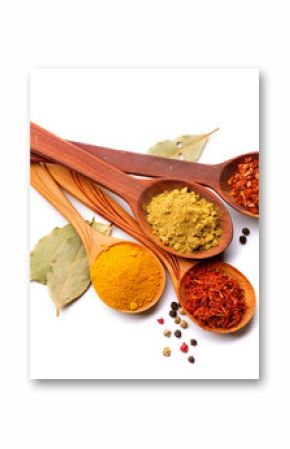 Spices and herbs. Curry, saffron, turmeric, cinnamon over white