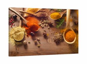 Various spices on wooden board.