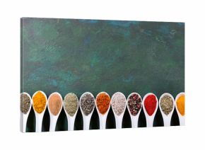 various spices in spoons on old green background
