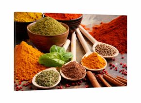 Variety of spices on kitchen table
