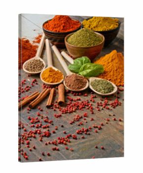 Variety of spices on kitchen table