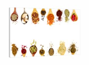 Spices in spoons isolated on white background.