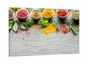 Assortment of colorful spices in the wooden spoons.