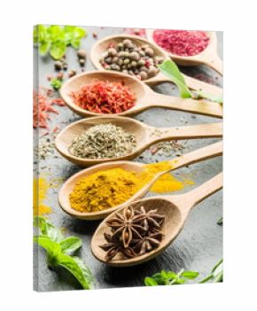 Assortment of colorful spices in the wooden spoons.