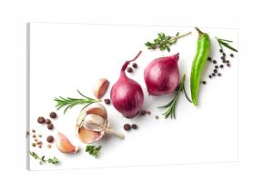 red onions and spices on white background