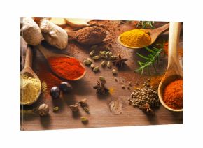Various spices on a wooden board.