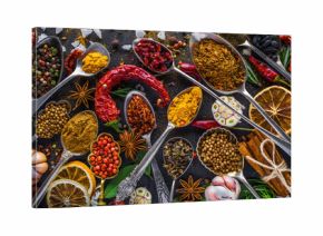 Spices and herbs in metal bowls. Food and cuisine ingredients. Colorful natural additives.