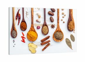Various of Indian spices and herbs in wooden spoons. Flat lay of spices ingredients chili ,paprika ,peppercorn, dried thyme, cinnamon,star anise and curry powder on the shabby wooden.