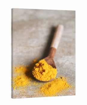 Tumeric powder spice in a wodden spoon