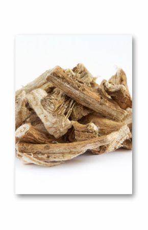 Pile of dried and sliced marshmallow root (Althaea officinalis) isolated on white background