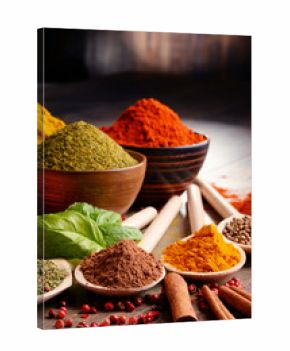 Variety of spices on kitchen table