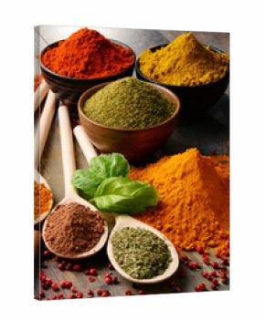 Variety of spices on kitchen table