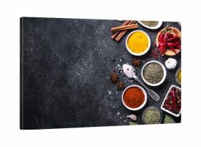 Set of Various spices  on black stone table. 