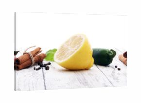 Spices and herbs on white background. Food and cuisine ingredients.