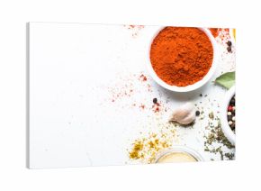 Set of spices in a bowls on white background.