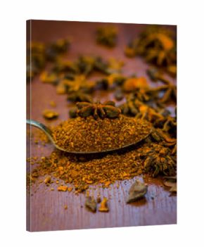 Close up Star aniseed,Illicium verum powder in a antique spoon.