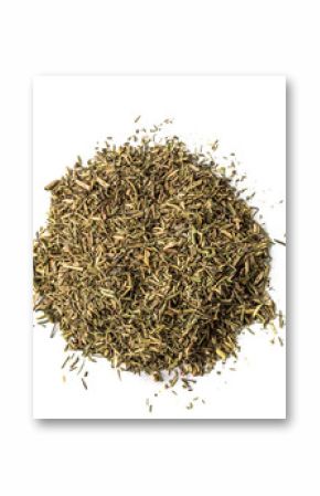 Pile of dried thyme seasoning isolated on white background