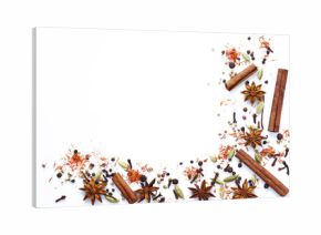 background of various spices on a white background