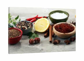 Spices and herbs on table. Food and cuisine ingredients.