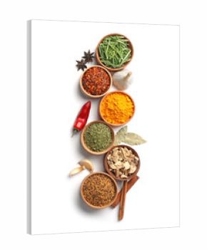 Beautiful composition with different aromatic spices on white background