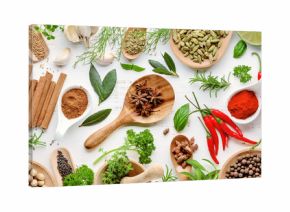 Various herbs and spices flat lay