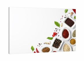 Composition with different aromatic spices and space for text on white background, top view