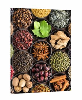bright  spices and herbs in cups, top view. background for packing with European condiments.