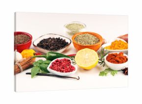 Spices and herbs on table. Food and cuisine ingredients.