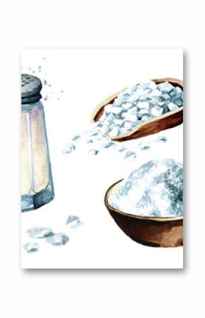 Salt set. Watercolor hand drawn illustration, isolated on white background