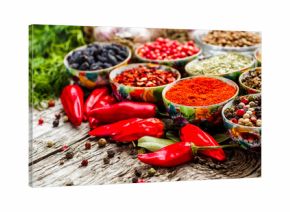 Set of Indian spices on wooden table - Top view