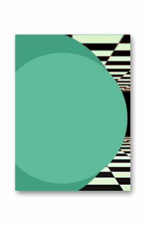 Floating mint green circle overlapping darker green shape at left side, with checkerboard corridor