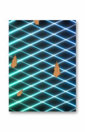 Drifting brown leaf shapes moving across futuristic virtual environment, with glowing neon grid