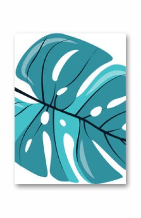 Stylized tropical leaf is floating in vector on transparent background with teal and turquoise hues